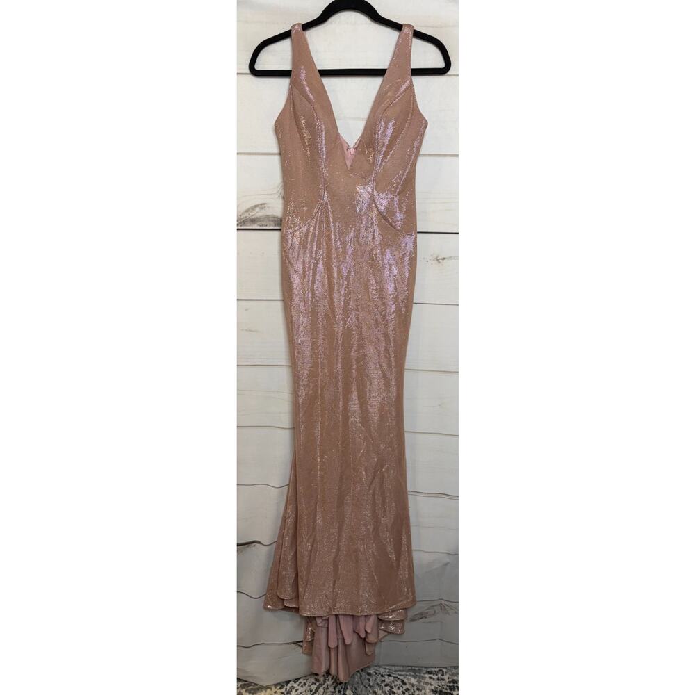 Faviana Glamour Formal Maxi Dress LIght Pink Shimmery Size 2 Plunging Neck